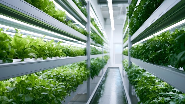 Rows of vibrant green leafy vegetables grow under bright lights on multi tiered hydroponic racks in a modern indoor farm
