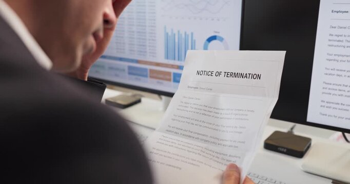 Man reads termination notice at office computer. Employee holds official letter by monitors with charts, showing layoffs, contract end and workplace stress. Symbol of job loss and dismissal.
