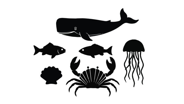 Black and white underwater scene featuring diverse marine creatures including sharks jellyfish and rays in deep ocean environment