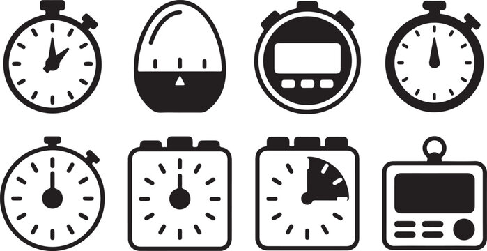 Set of eight different stopwatch icons and illustrations Vector