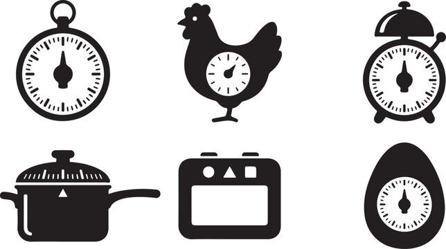 Set of six black and white kitchen timer icons with clock faces Vector