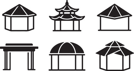Six different traditional pavilion and roof designs in black and white vector style Vector © Alex