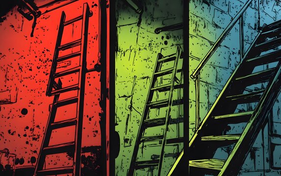 A vibrant representation of contrasting staircases, illuminated in red and green hues. The artistic flair adds depth and intrigue, making it a unique visual piece for various uses.