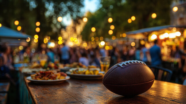 American football on wooden table with plates of food and blurred crowd in background at outdoor event with warm lights