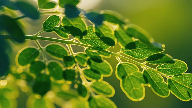 Golden sunlight shining through fresh green moringa leaves