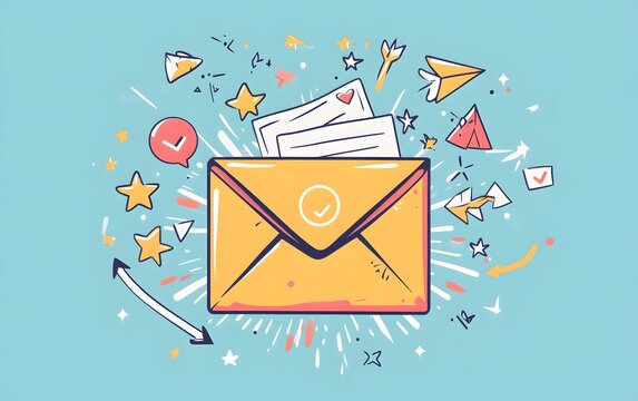 Colorful illustration of an envelope with flying paper planes and stars.