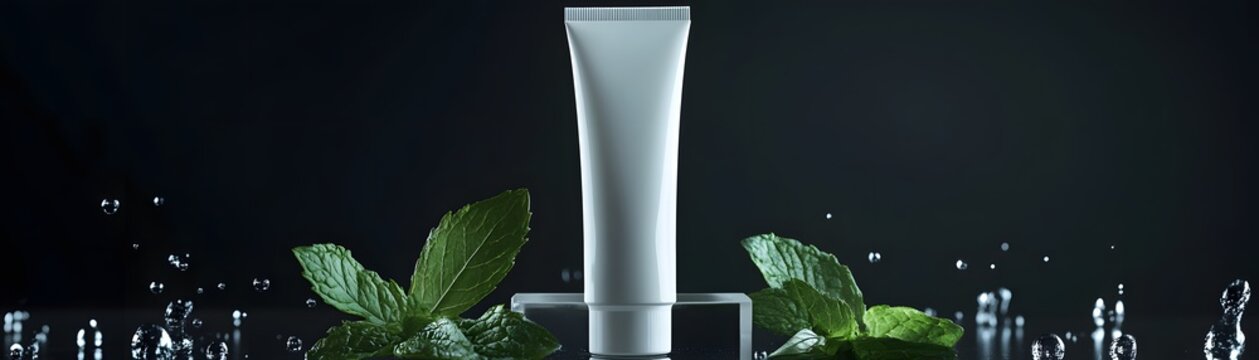 Fresh mint leaves with a clean cosmetic tube on a dark reflective surface. Perfect for ads.