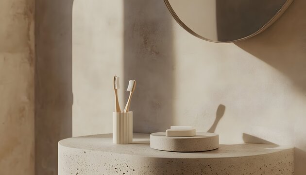 Minimalist bathroom setup with toothbrushes and soft lighting for a serene ambiance.