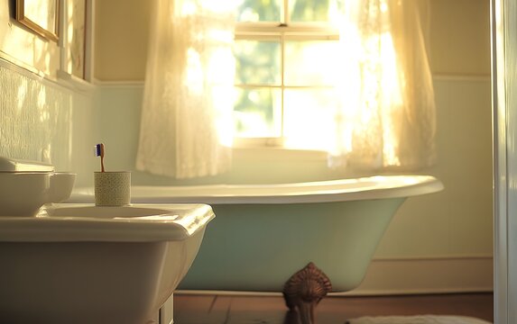 Serene bathroom with natural light, vintage bathtub, and soft curtains enhancing relaxation.