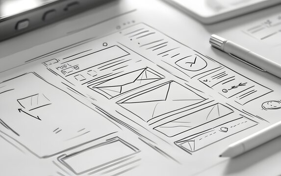 Sketch of a user interface design with forms, buttons, and navigation elements.