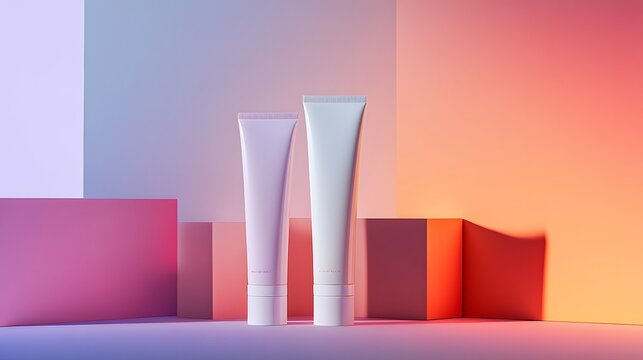 Stylish display of two elegant cosmetic tubes set against a vibrant, multi-colored background. Ideal for beauty, skincare, and product promotion themes.