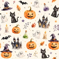Seamless watercolor Halloween pattern with pumpkins, black cats, ghosts, haunted house and witch hats. © Haivin