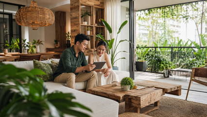 Fototapeta premium Sustainable apartment design consultation using AI energy saving tablet