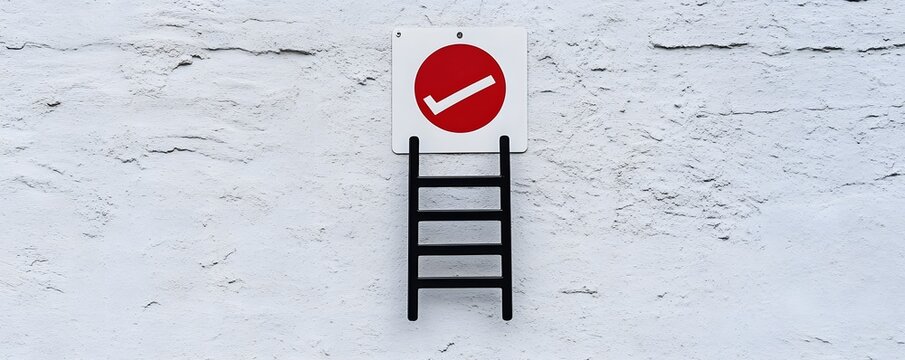 A black ladder against a white wall with a prohibition sign emphasizing warning.