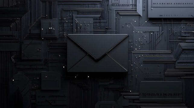 A black envelope on a high-tech background symbolizing digital communication.