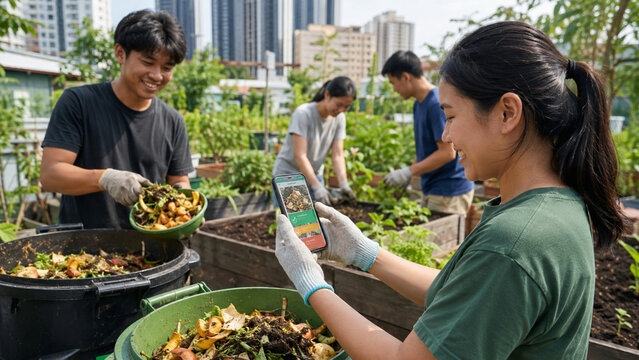 City compost initiative using AI sorting guide in tropical urban garden