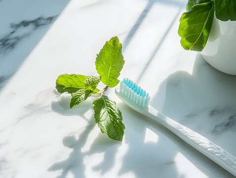 A bright and clean scene featuring a toothbrush alongside fresh green leaves, symbolizing oral hygiene and natural freshness. Ideal for wellness and healthy living themes.