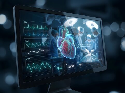 Glowing wireframe human heart displayed on a monitor with medical data and vital signs.