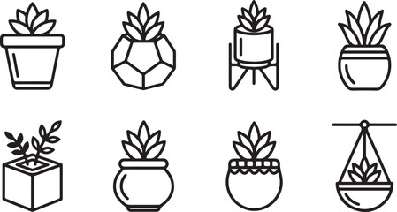Eight creative potted plant icons in different containers Vector © Alex