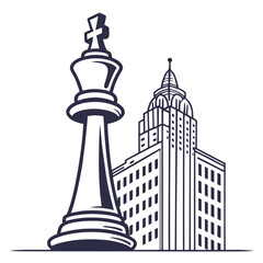 Obraz premium Giant chess king piece, city skyscraper, urban landscape, business strategy vector