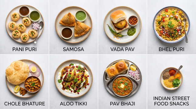 Indian Street Food Snacks Collection Grid with Pani Puri Samosa Vada Pav