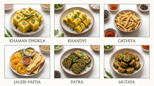 Popular Gujarati Snacks Collection Chart Grid with Dhokla Khandvi Fafda