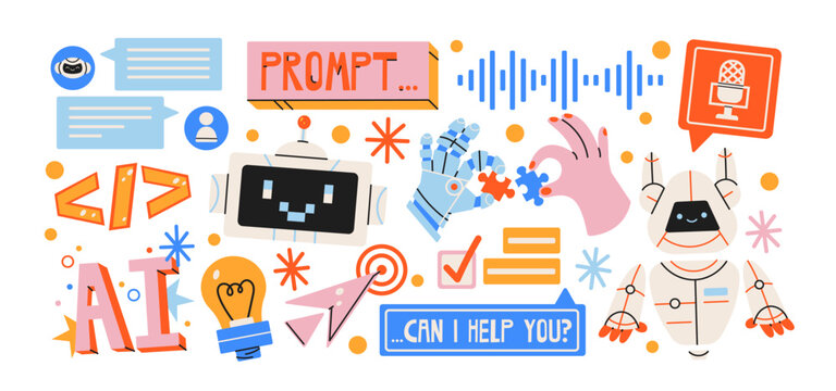 AI technology sticker set in retro cartoon style. Robot mascot, brain icon, microchip, search screen and interface symbols for digital tools, neural network visuals and creative tech illustration