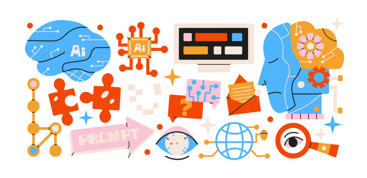 AI technology sticker set in retro cartoon style. Robot mascot, brain icon, microchip, search screen and interface symbols for digital tools, neural network visuals and creative tech illustration