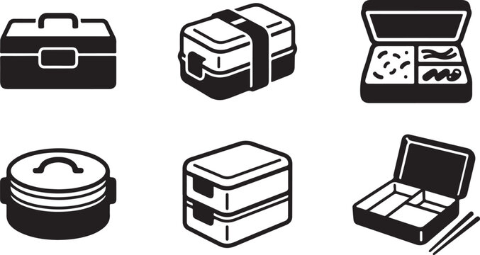 Six black and white lunch box and container icons set Vector