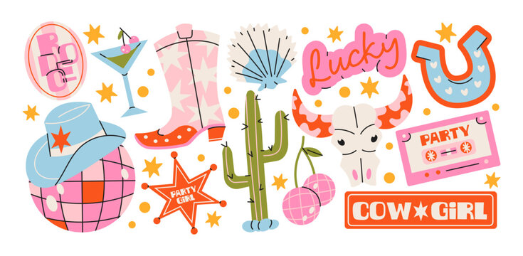 Cowgirl party stickers with disco cowboy hat, western boots, cactus, horseshoe, cocktail, cherries, bull skull, lucky sign and retro rodeo 90s celebration elements