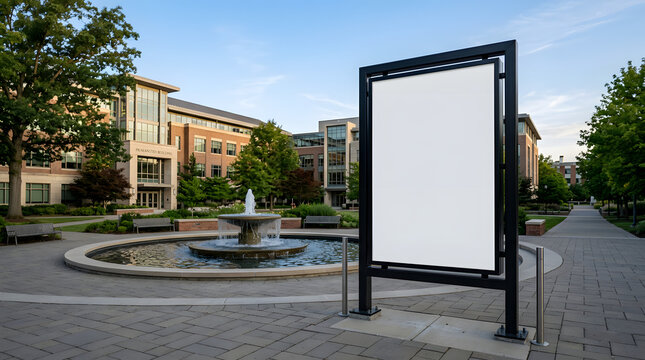 Blank billboard near urban fountain