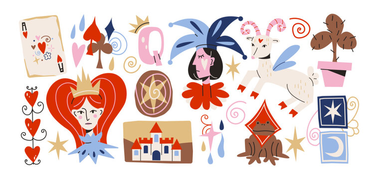 Fantasy fairytale stickers with queen of hearts, playing cards, white rabbit, jester, castle and magical symbols, whimsical storybook characters, enchanted wonderland inspired fairy tale elements