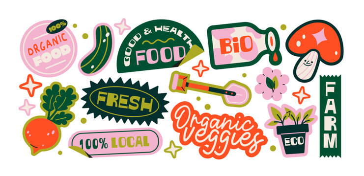 Organic food labels stickers with fresh vegetables, eco farming, bio products and healthy nutrition, natural grocery branding, local harvest packaging, sustainable farm market concept