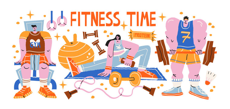 Fitness workout characters with gym training, weightlifting, dumbbells, protein nutrition, strength exercises, cardio equipment, healthy lifestyle and active sports cartoon mascots