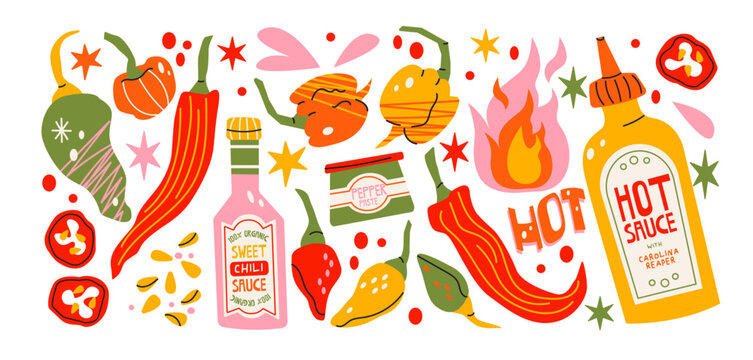 Spicy pepper  sauces tubes in retro cartoon style. Condiments and peppers: chili, hot sauce, flames, jalapeno. Hot taste stickers, illustration in funky, doodle style, trendy sticker set