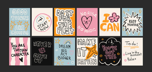 Naklejka premium Motivational quote posters in cartoon style. Inspirational typography prints with positive affirmations, colorful wall decor for bedroom, office and classroom. Minimalist banners set