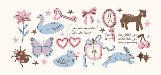 Fototapeta premium Coquette aesthetic stickers with swan, bunny, butterfly, flowers, hearts and vintage accessories, soft feminine romantic elements, dreamy cottagecore lifestyle and whimsical pastel charm