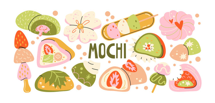 Mochi dessert stickers with japanese sweets, daifuku, dango, wagashi, sakura flower, strawberry fillings, matcha flavors and kawaii asian confectionery collection in flat cartoon doodle style
