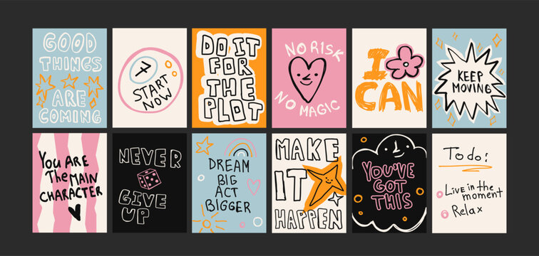 Motivational quote posters in cartoon style. Inspirational typography prints with positive affirmations, colorful wall decor for bedroom, office and classroom. Minimalist banners set