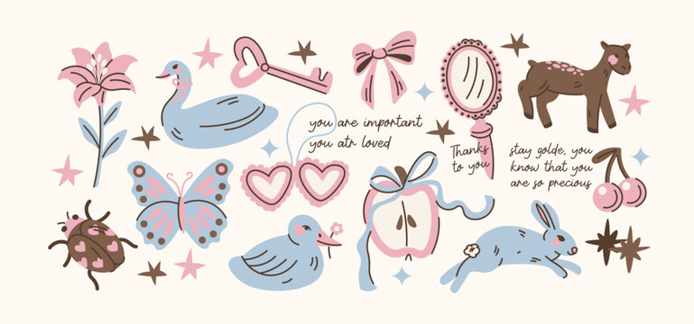 Coquette aesthetic stickers with swan, bunny, butterfly, flowers, hearts and vintage accessories, soft feminine romantic elements, dreamy cottagecore lifestyle and whimsical pastel charm