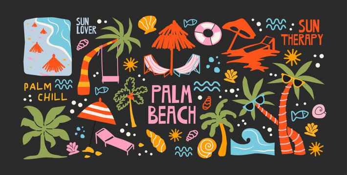 Beach summer vacation stickers with seaside leisure and holiday activity elements including palm trees, seashells, cocktails and surf items, ocean rest symbols and tropical travel vibes for summer