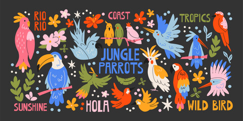 Obraz premium Tropical bird stickers in cartoon style with parrots, toucan, cockatoo, hummingbird and jungle flowers. Exotic rainforest birds, tropical wildlife, island nature, colorful parrots and jungle fauna