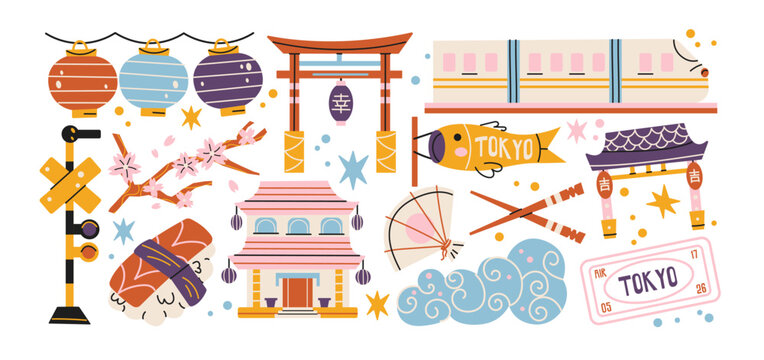 Japanese culture stickers in retro cartoon style. Asian symbols: fan, crane, bonsai, teapot, mask, umbrella, bamboo, mountains. Traditional oriental objects collection with sakura flowers