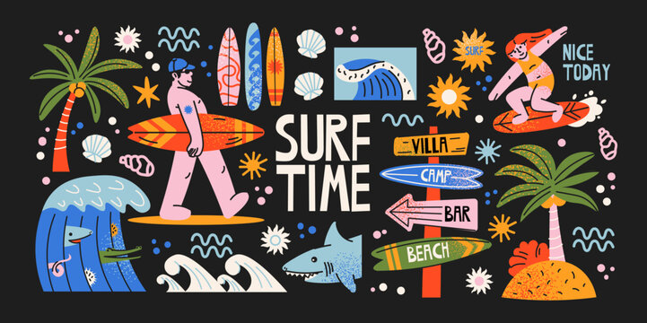 Surfing cartoon character stickers, surf culture mascot doodles with ocean waves, surfboards, tropical beach elements for apparel, branding, merchandise and summer prints