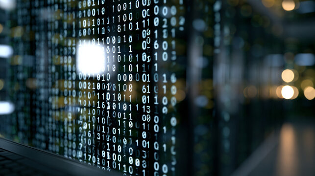 Cascading streams of binary digits scrolling vertically across terminal display in darkened server room environment, faint reflected glow illuminating nearby rack equipment edges, cybersecurity data