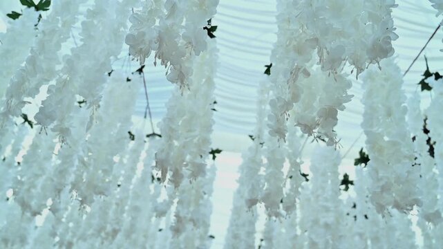 Elegant White Hanging Floral Garlands for Luxury Wedding Ceiling Decoration 4K Footage 