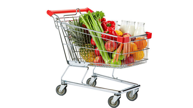 Shopping cart filled with fresh fruits and vegetables, milk bottles