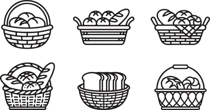 Assorted breads and pastries in woven baskets illustration Vector