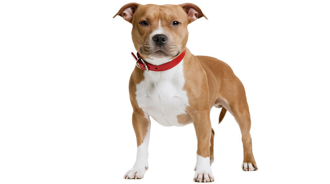 Brown and white Pitbull dog wearing red collar