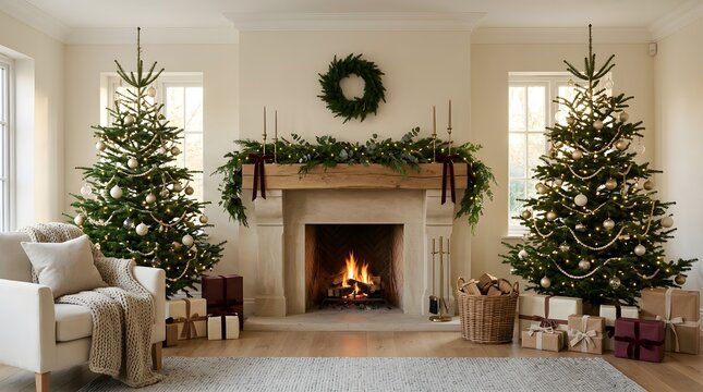 Cozy living room with christmas trees and fireplace